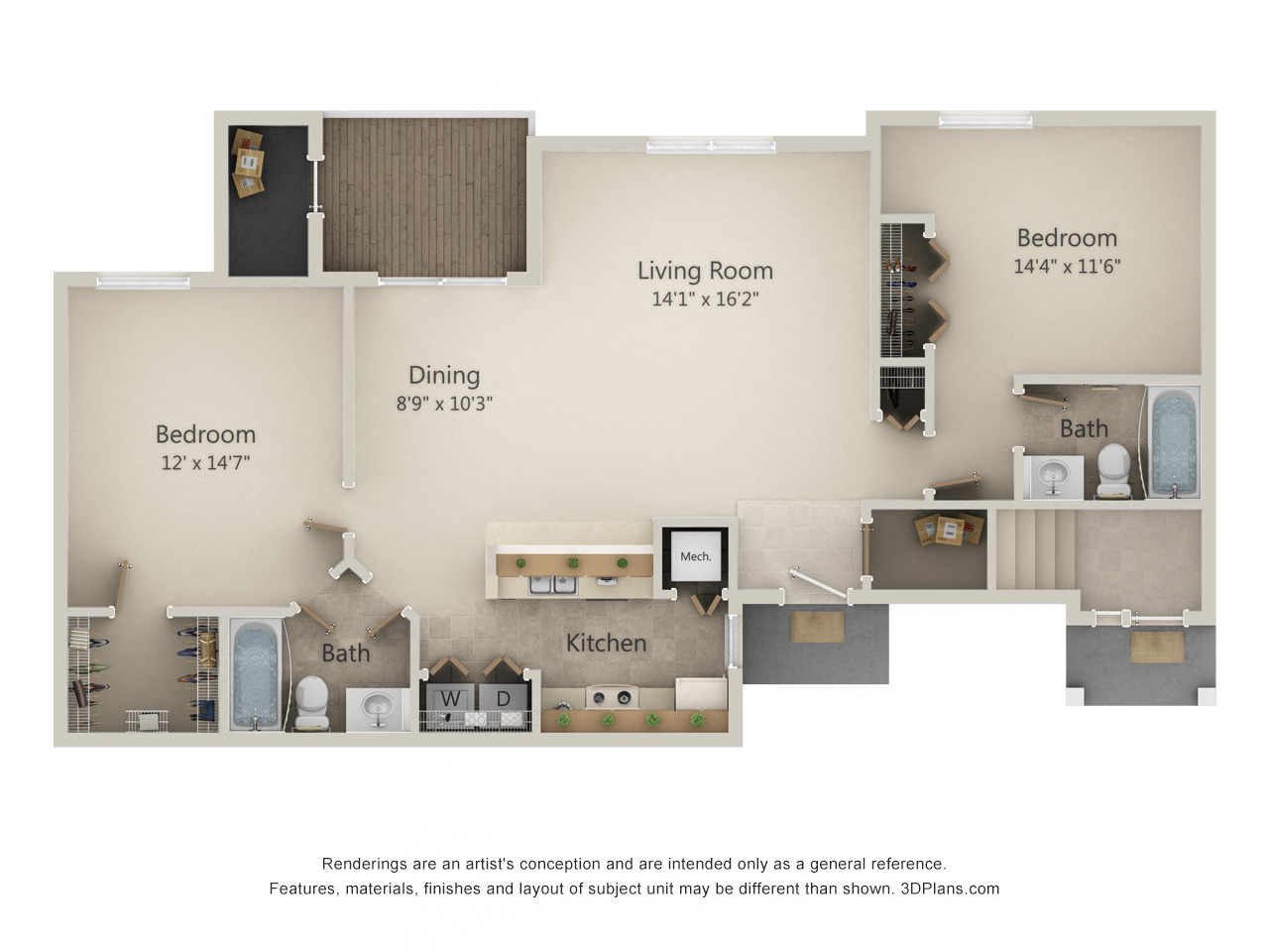 Floor plan for 2 beds, 2 baths, 1105 sqft